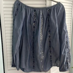 Chico’s Denim Peasant Blouse with Embroidery and Sequins